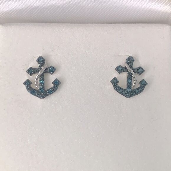 Signed Sun Sterling Silver Anchor Design Pierced Earrings - Picture 1 of 6